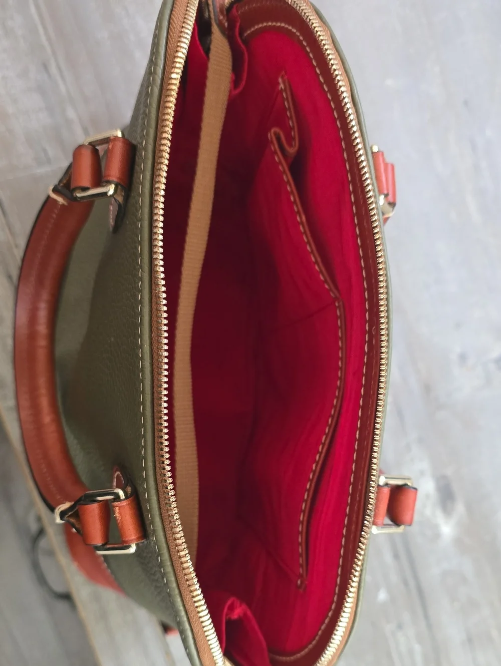 Dooney & Bourke Olive Green Pebbled Leather Satchel with Brown Trim